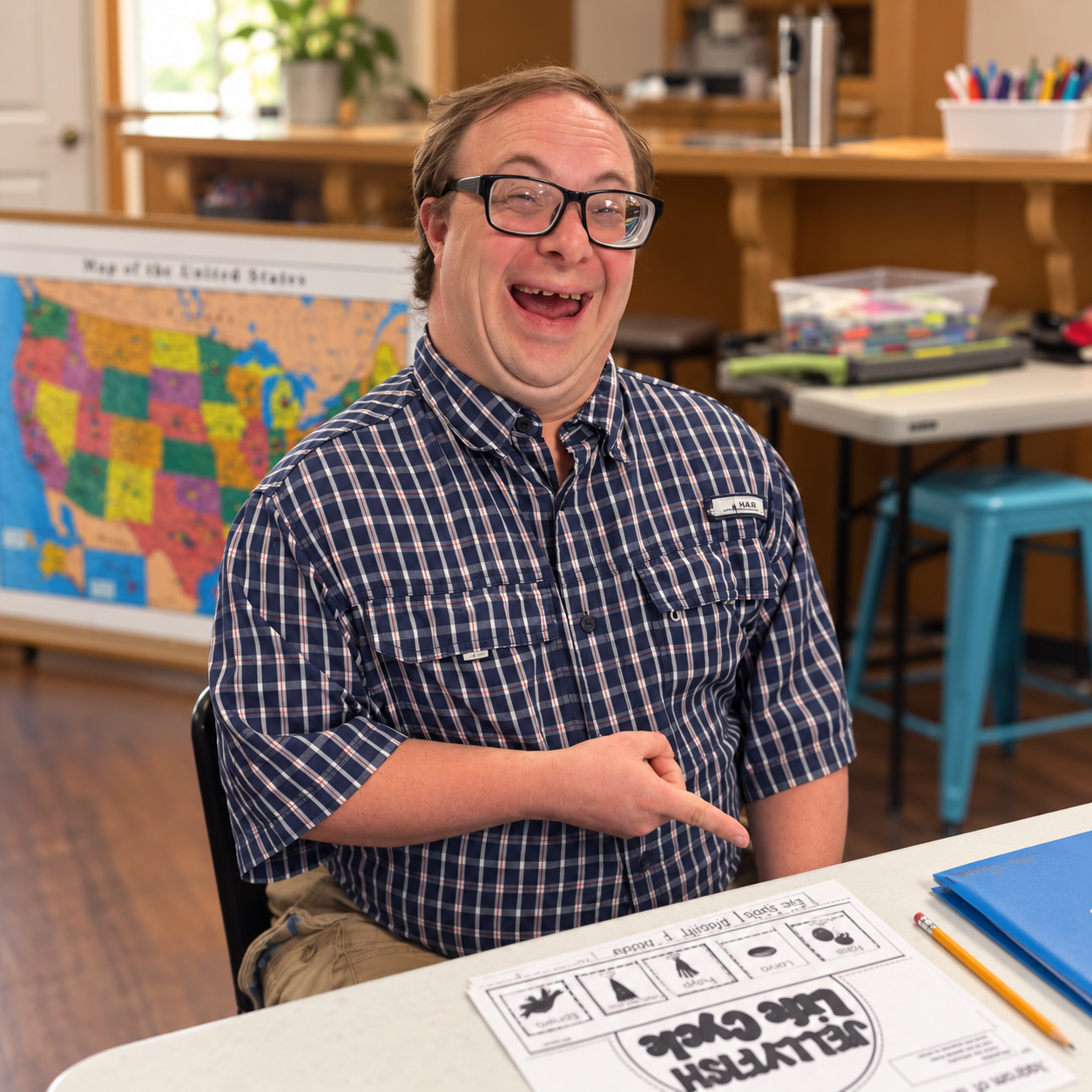 A Club 21 member smiling at a classroom table with a worksheet and a U.S. map behind him